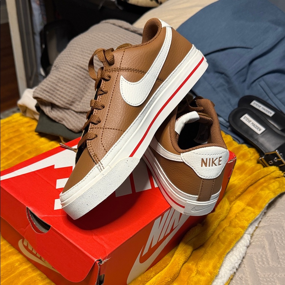 Nike Brown and White Low-Top Leather Sneakers